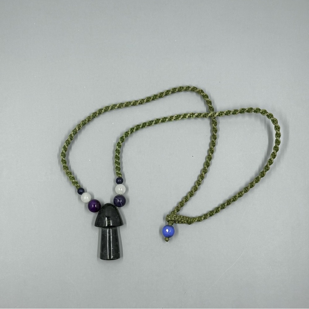 Green Braided Necklace with Black Pendant